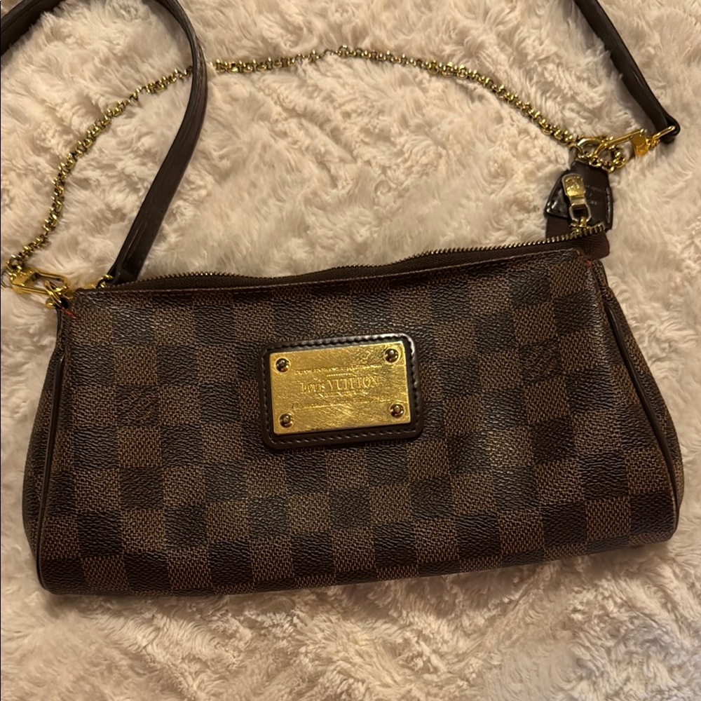 Louis Vuitton Brown Checkered Shoulder Bag with Gold Accents